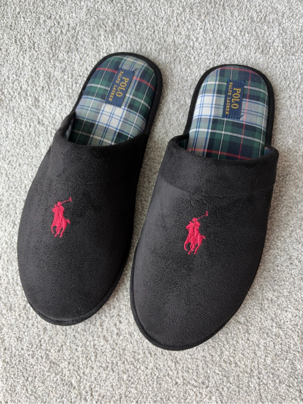 Polo Ralph Lauren Men’s Black Slippers Red Pony Plaid Tartan Lining Slip On Sz13